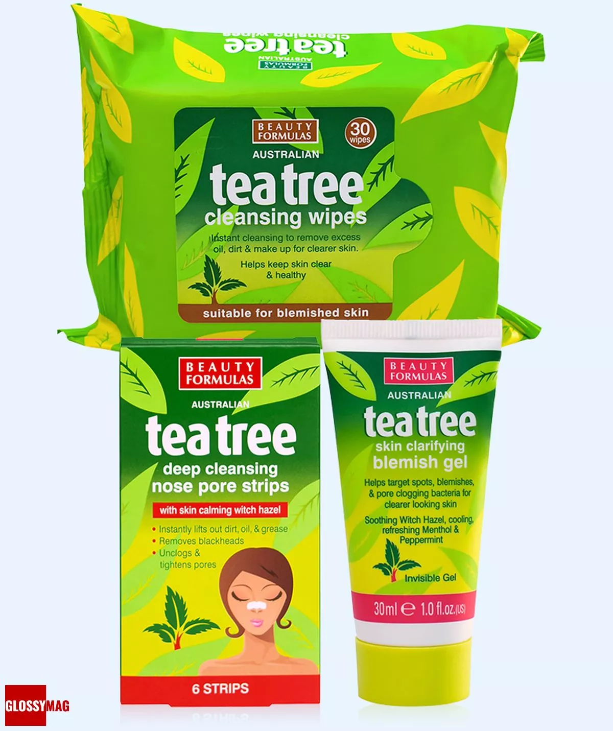 Beauty Formulas, салфетки очищающие Чайное дерево; полоски для глубокого очищения пор носа Чайное дерево; гель, устраняющий дефекты кожи Чайное дерево