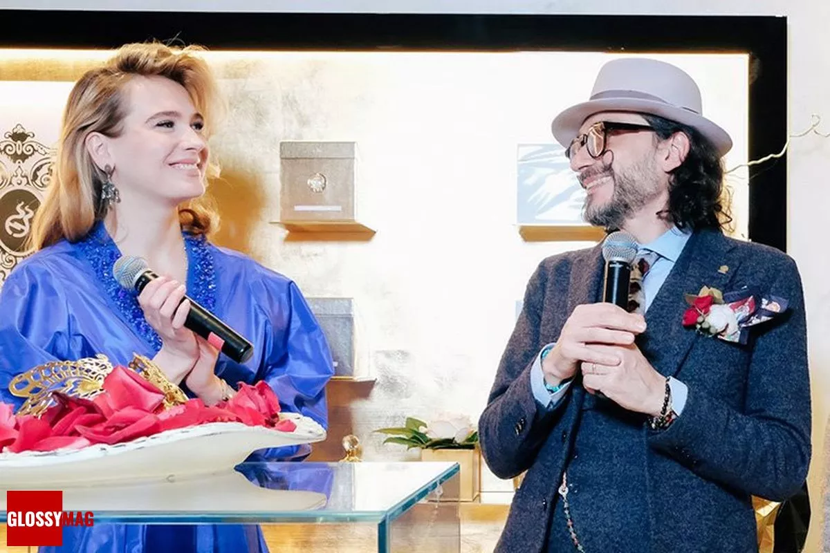 Анна Горшкова, Паоло Теренци на открытии корнера итальянского парфюмерного бренда Tiziana Terenzi в универмаге «Цветной», 28 февраля 2018 г.