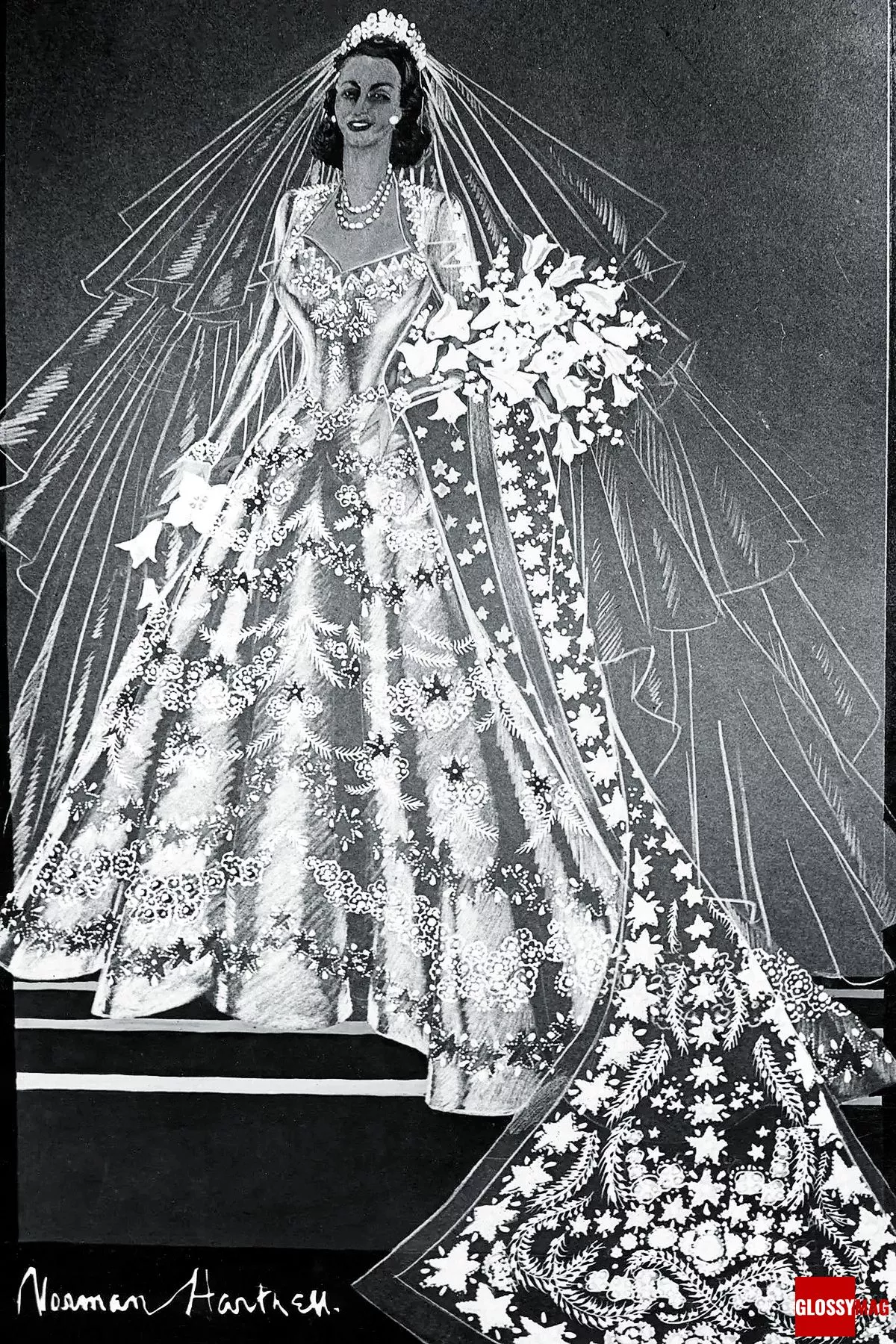 Эскиз свадебного платья принцессы Елизаветы от Нормана Хартнелла, 1947 г.