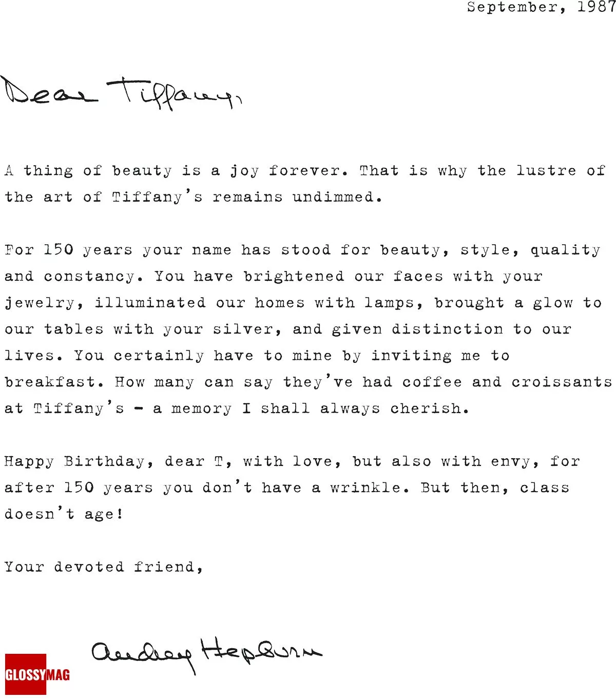 Письмо-поздравление Дому Tiffany & Co. со 150-летием от Одри Хепберн, 1987 г.