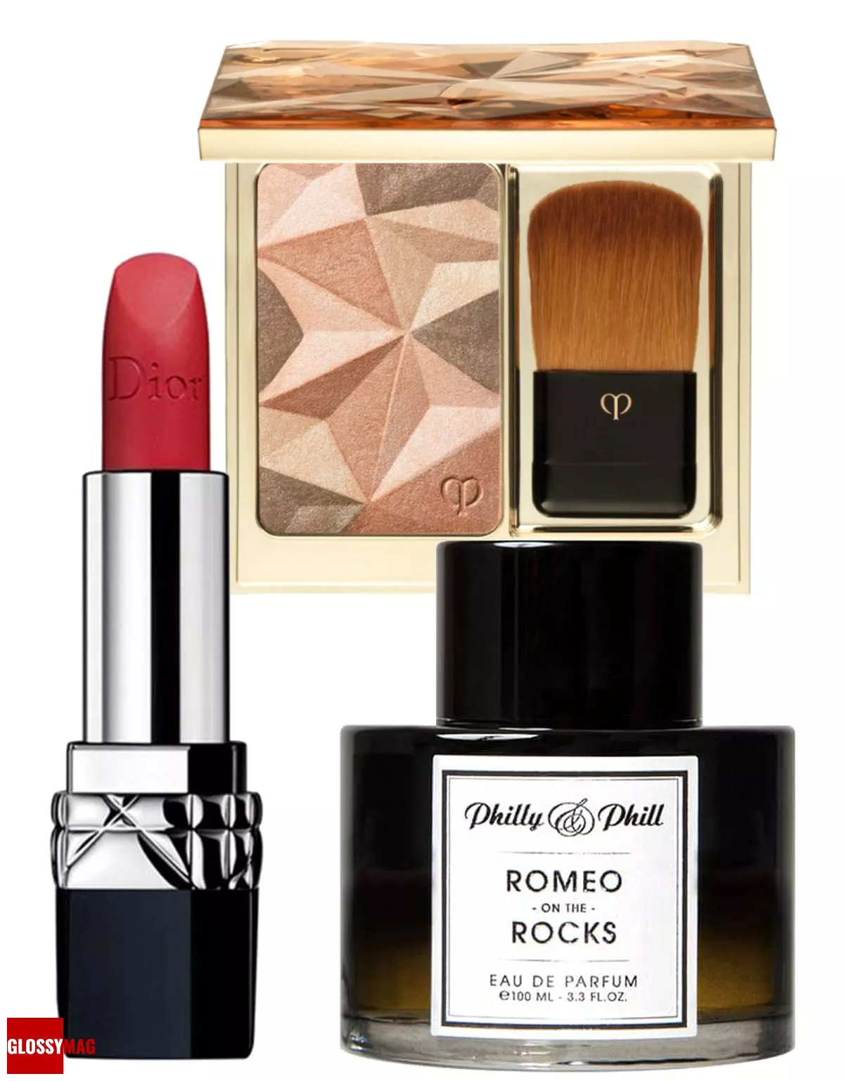 Clé de Peau Beauté Luminizing Face Enhancer, Dior Rouge Matte 999, Philly&Phill Romeo on the Rocks