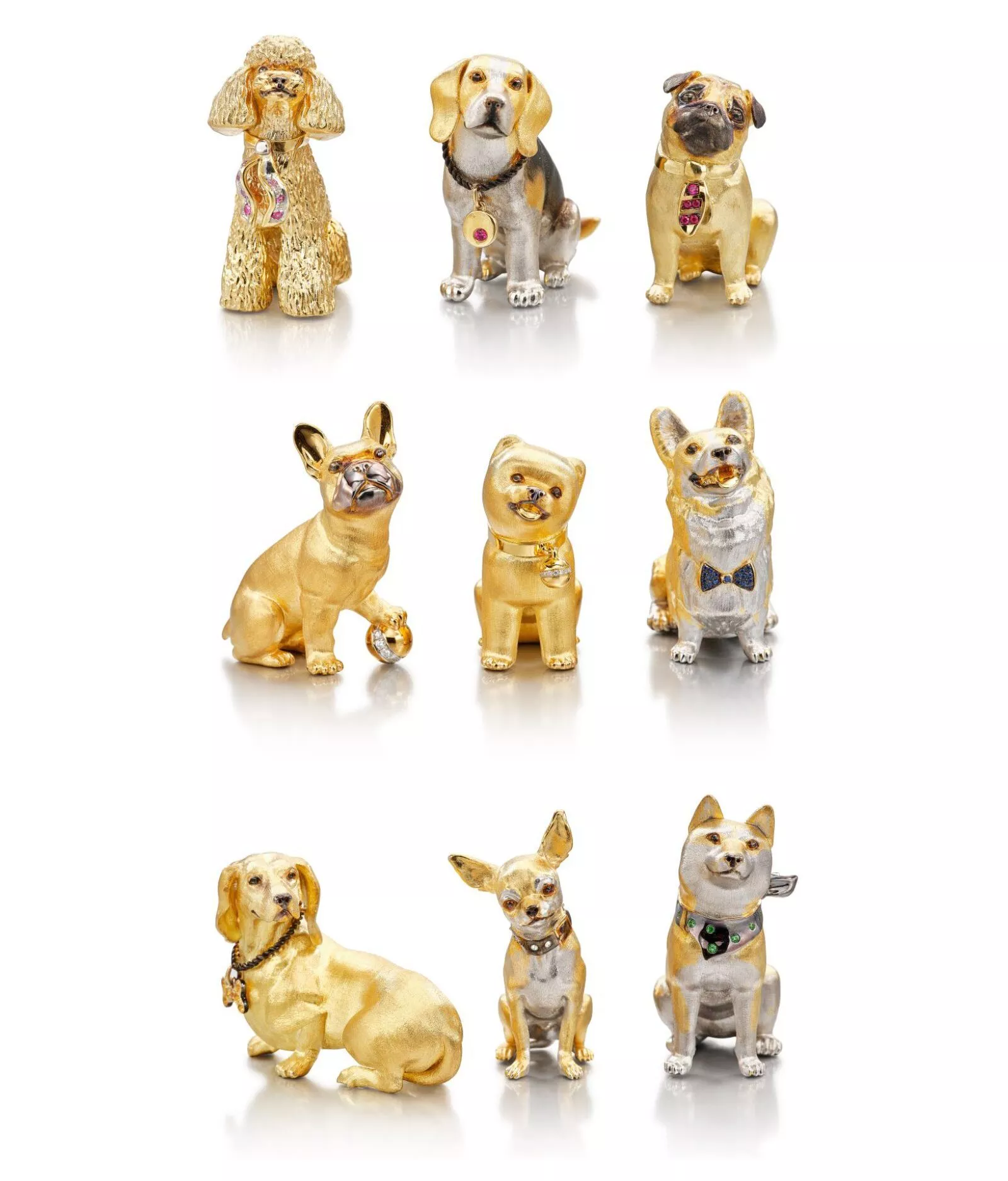 Комплект из девяти серебряных фигурок собак, фото 1