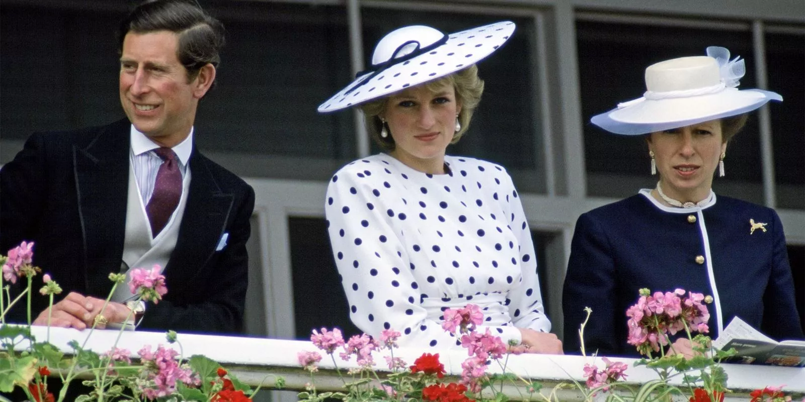 Принц и Принцесса Уэльские с принцессой Анной на Дерби в Эпсоме, 4 июня 1986 г.