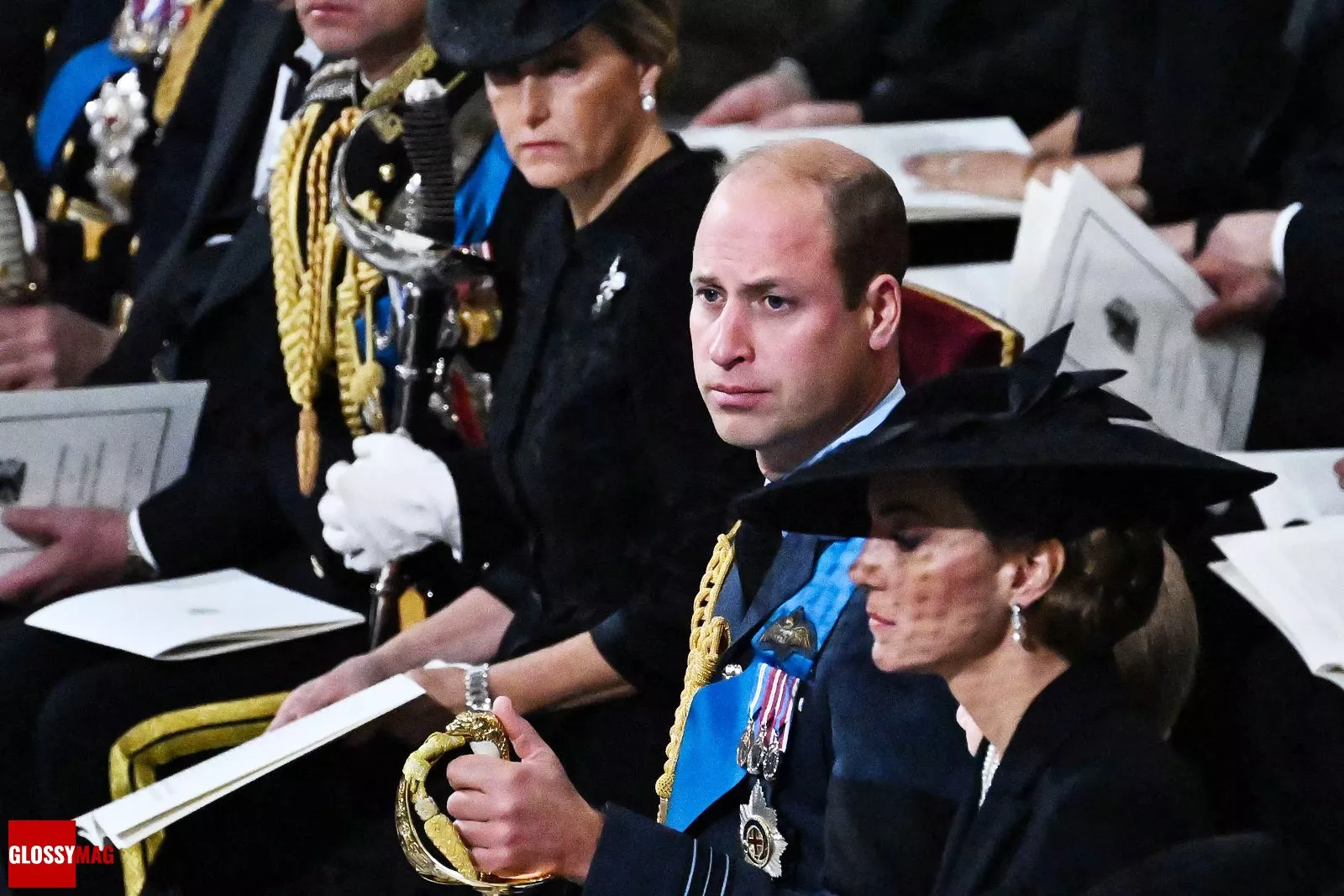 Софи, графиня Уэссексская, принц Уильям, принц Уэльский, и его жена Кэтрин, принцесса Уэльская на похоронах королевы Елизаветы II, 19 сентября 2022 г.