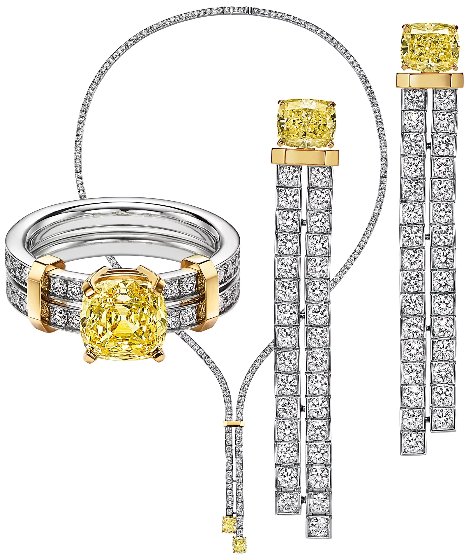 Кольцо, колье и серьги из платины и 18-каратного желтого золота с бриллиантом Fancy Intense Yellow и белыми бриллиантами из коллекции Tiffany Edge