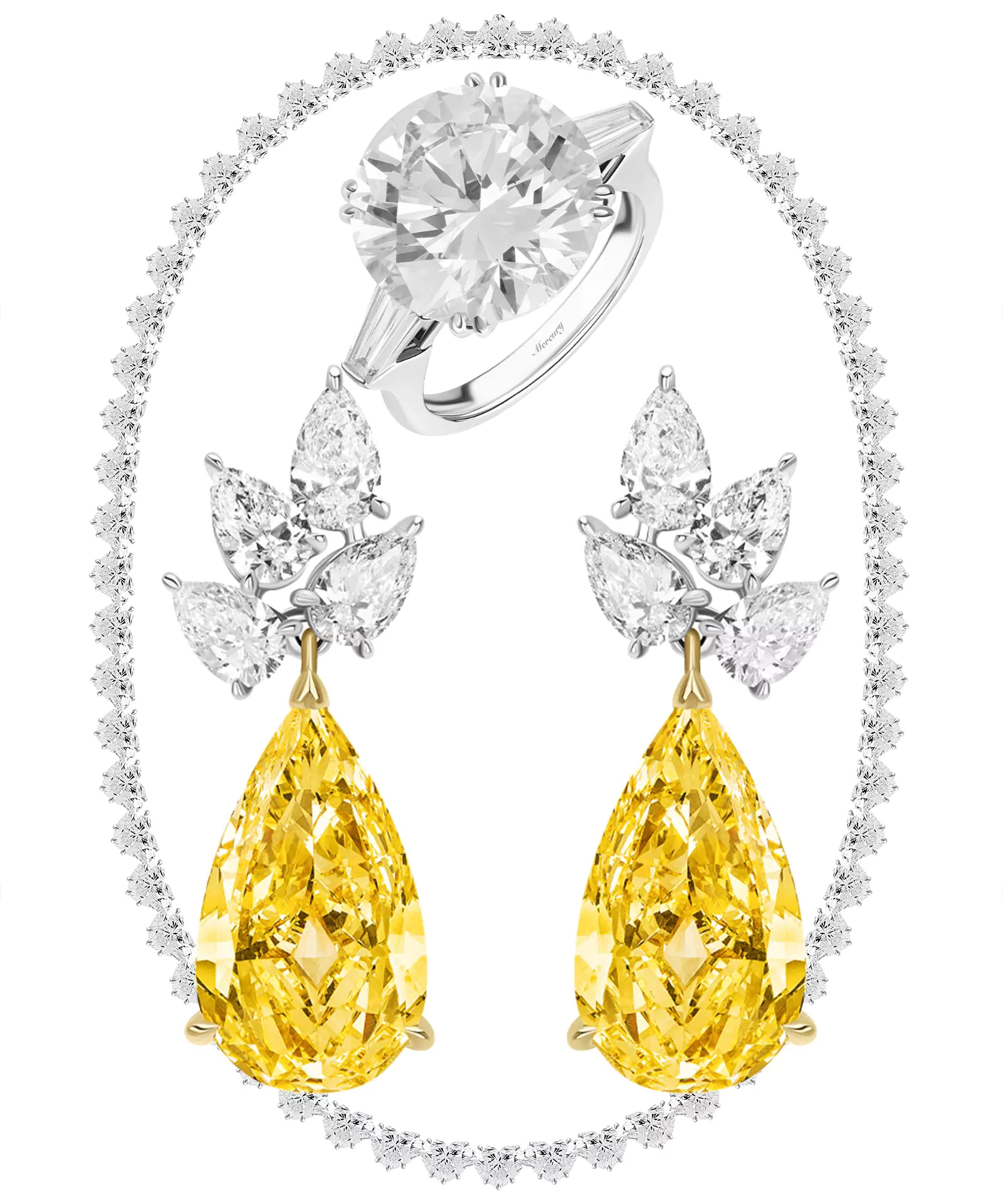 Колье Mercury; кольцо из белого золота с бриллиантами; серьги из белого и желтого золота с бриллиантами