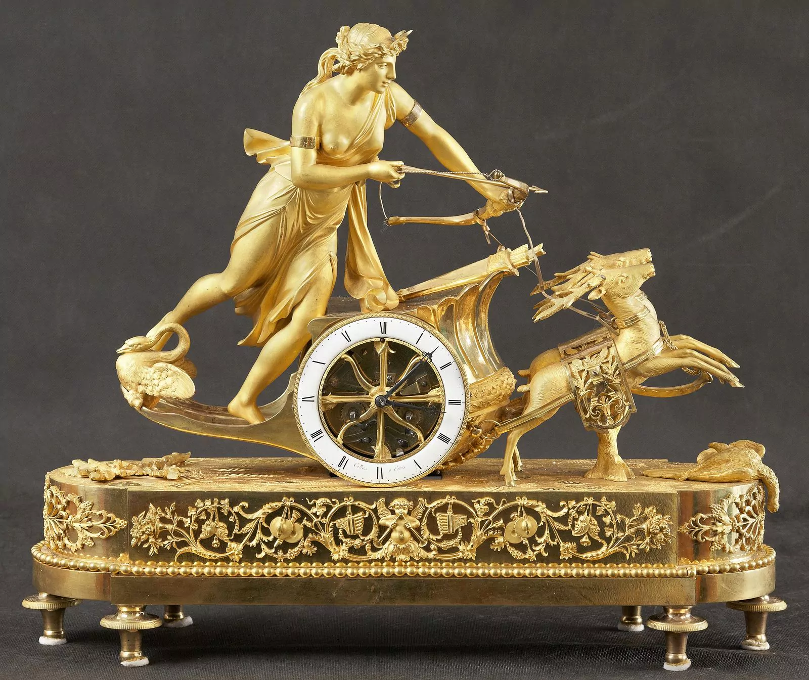 Collas. Каминные часы «Колесница Дианы». Бронза, эмаль, сталь. Франция, Париж