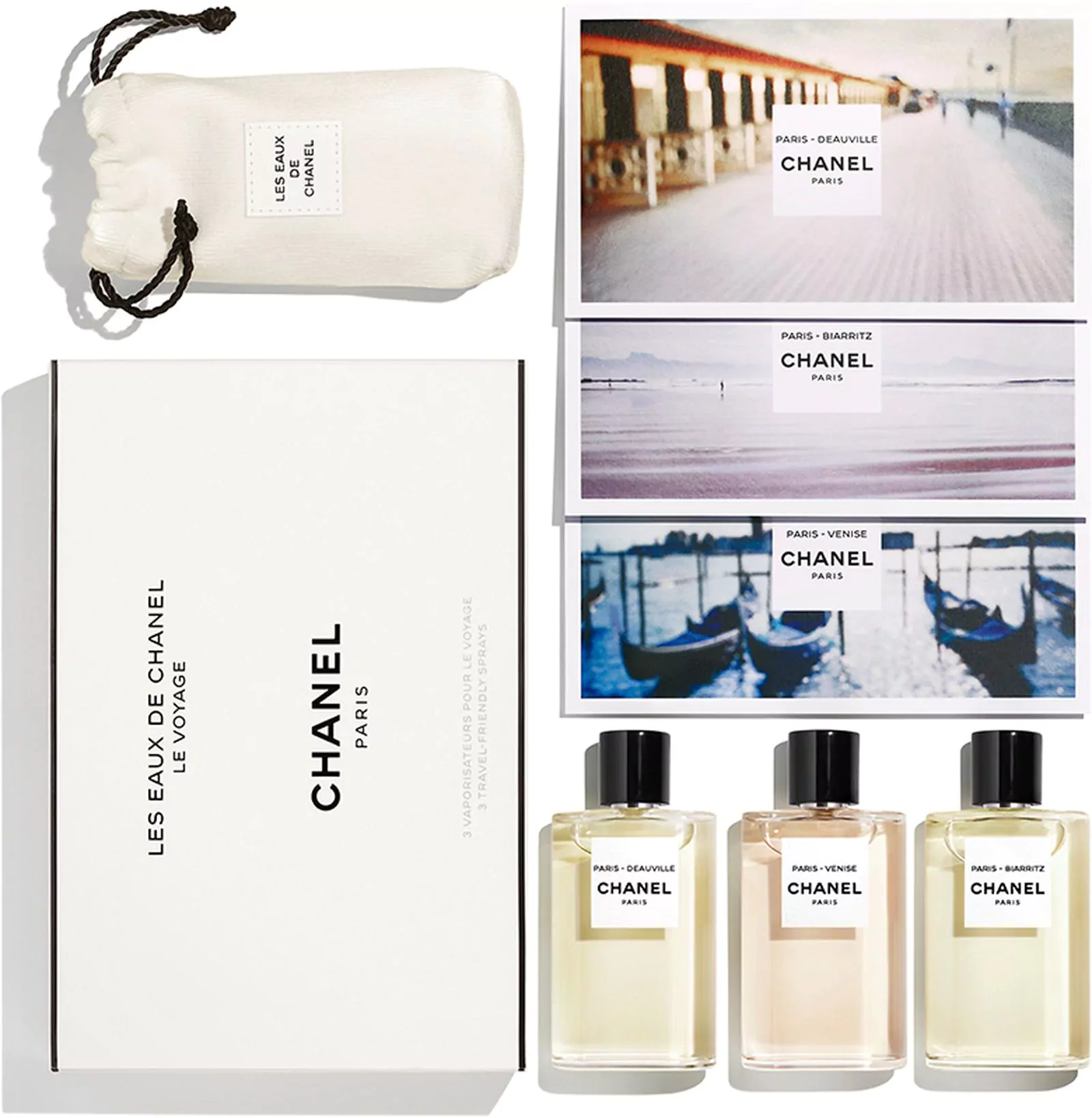Дорожный набор с ароматами Les Eaux de Chanel — Paris-Deauville, Paris-Biarritz и Paris-Venise Дорожный набор Les Eaux de Chanel — Paris-Deauville, Paris-Biarritz и Paris-Venise
