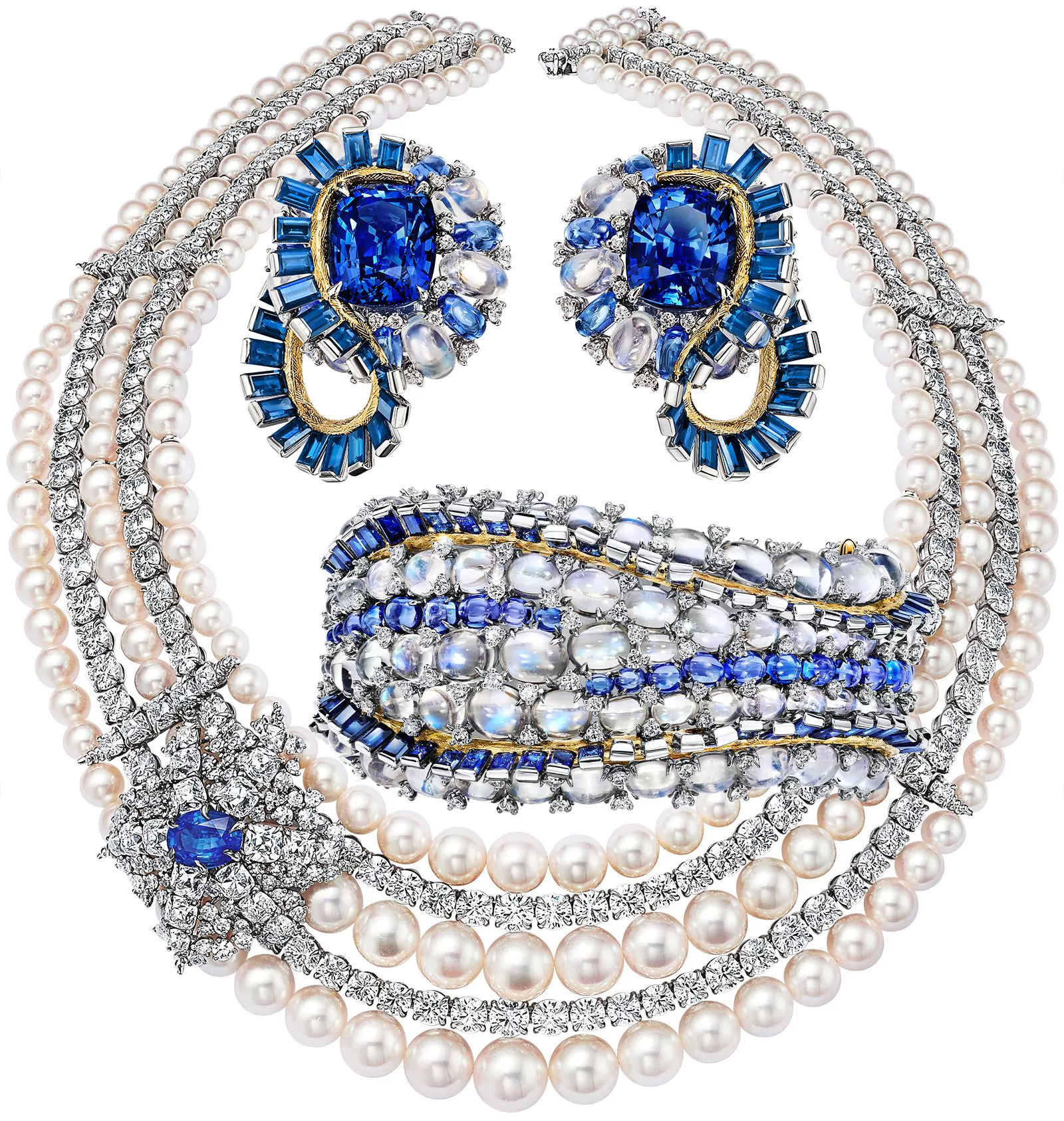 Серьги, кольцо, колье из коллекции Tiffany & Co. Blue Book 2023 «Out of the Blue»
