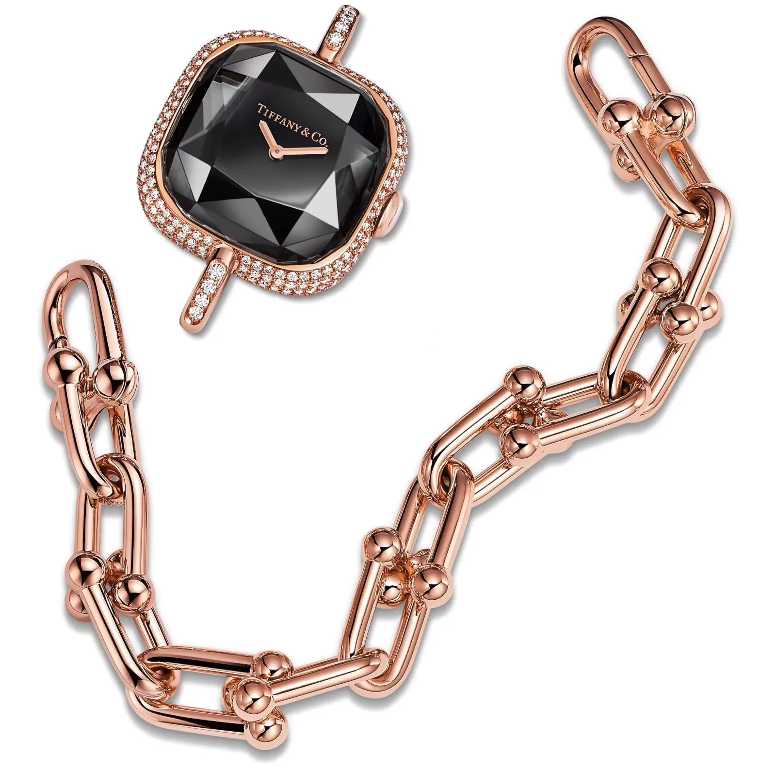 Часы Tiffany HardWear из розового золота с бриллиантовым паве, циферблат с лаковым покрытием черного цвета, фото 1