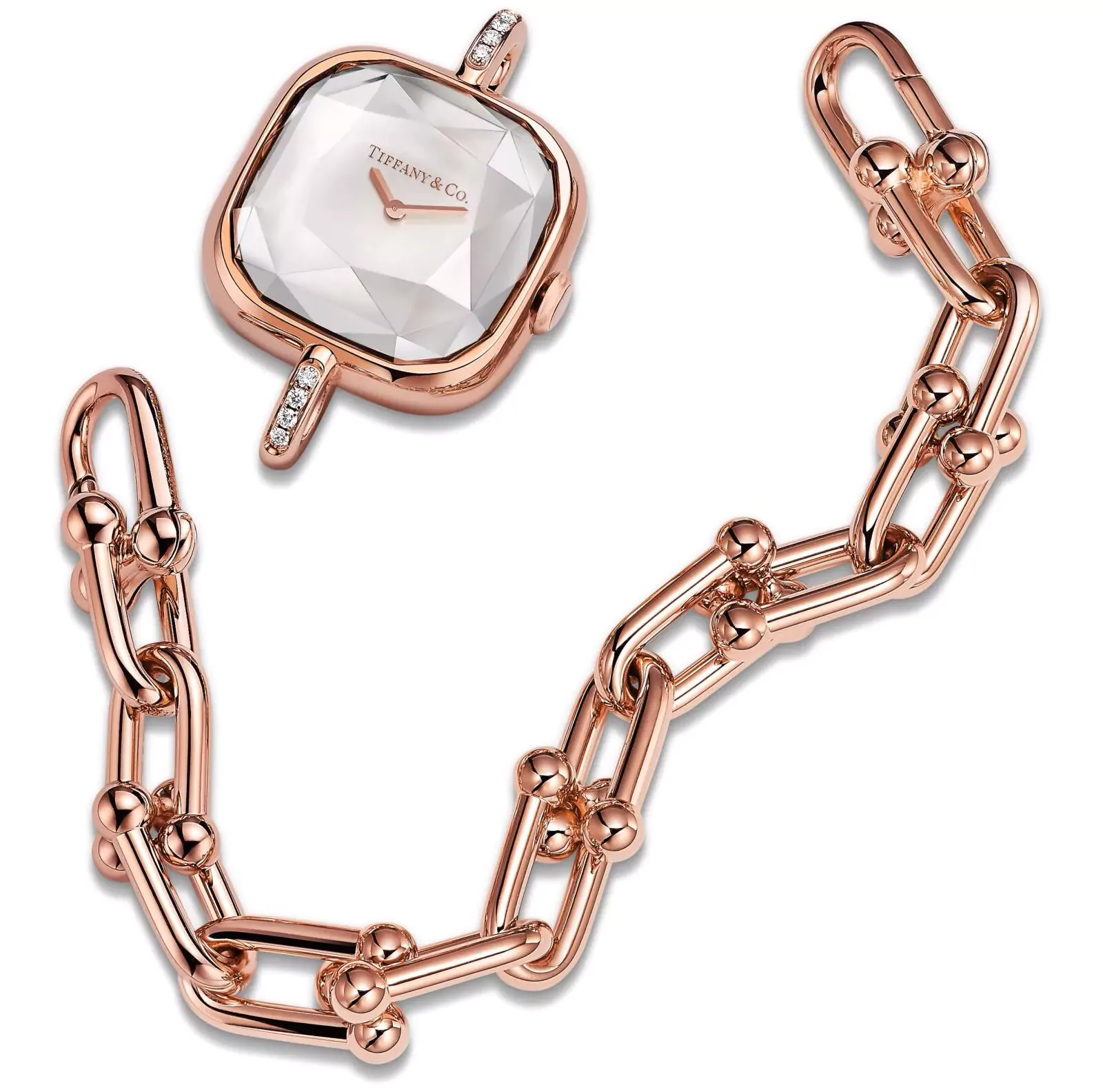 Часы Tiffany HardWear из розового золота с бриллиантовым паве, циферблат из белого перламутра, фото 2