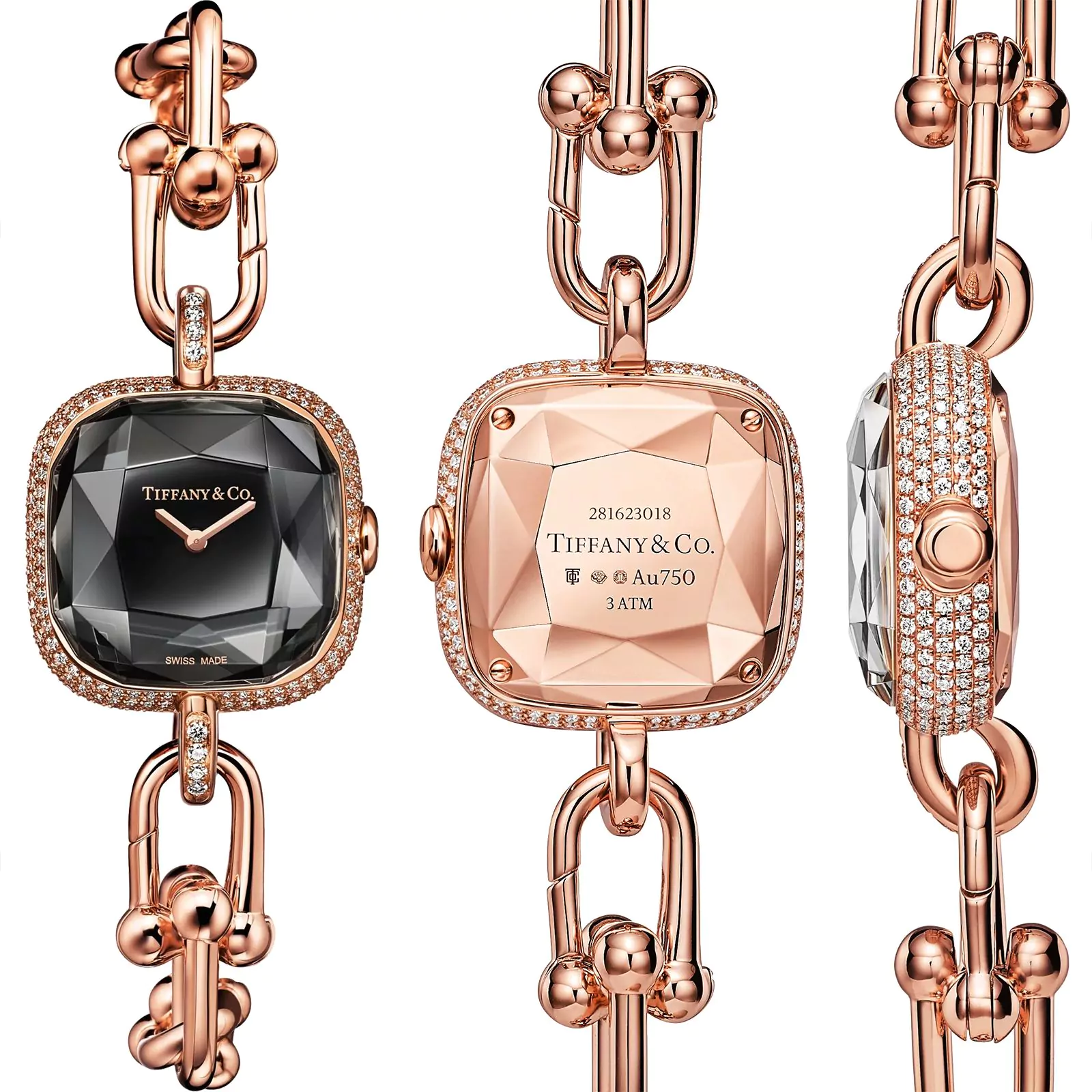 Часы Tiffany HardWear из розового золота с бриллиантовым паве, циферблат с лаковым покрытием черного цвета, фото 2