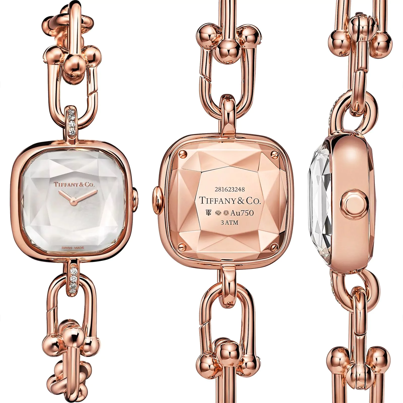 Часы Tiffany HardWear из розового золота с бриллиантовым паве, циферблат из белого перламутра, фото 1
