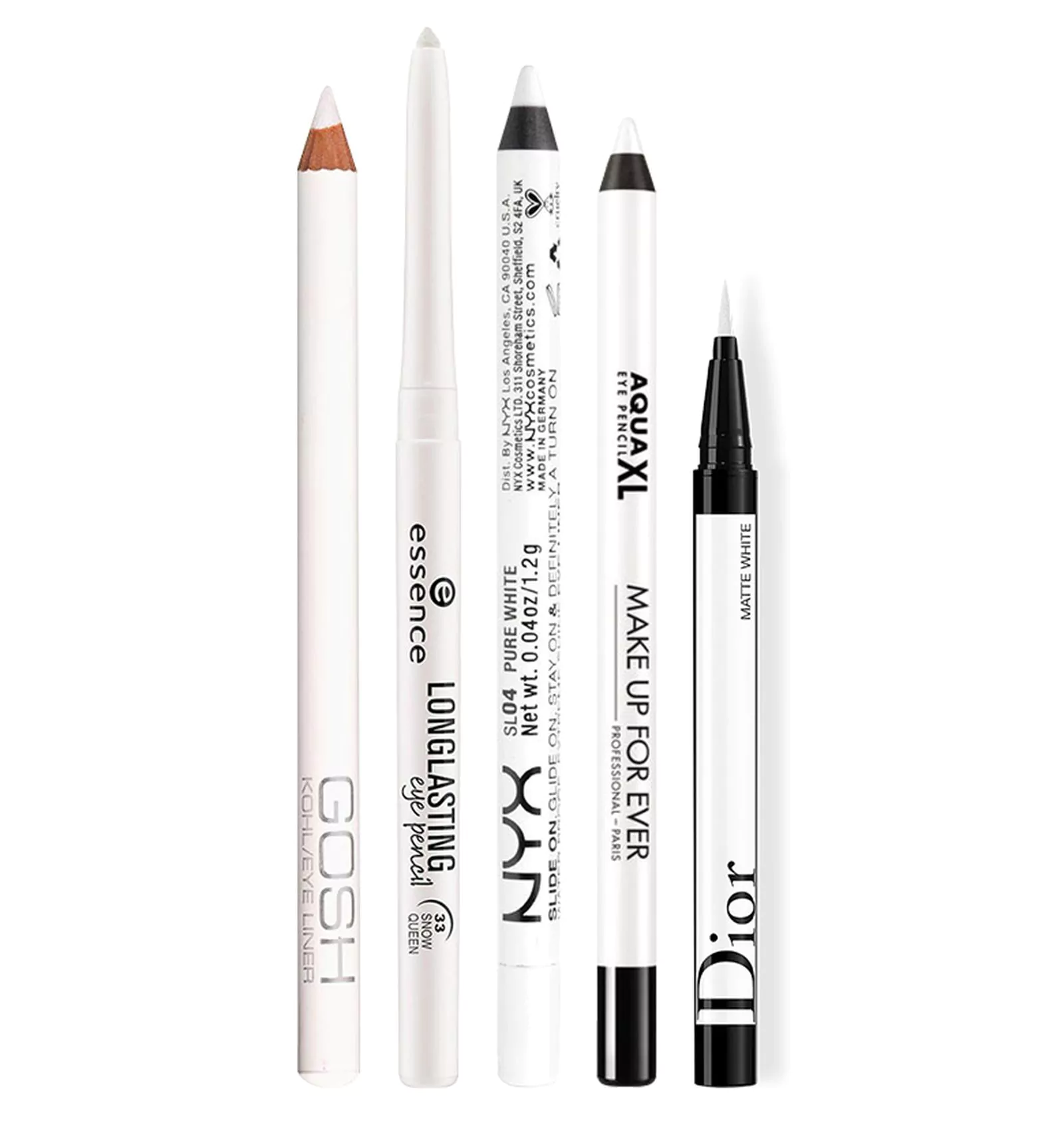 Gosh Eye pencil, Essence Eyeliner Pen Longlasting, NYX Slide on pencil, Make Up For Ever Aqua XL, Dior Diorshow On Stage Liner
