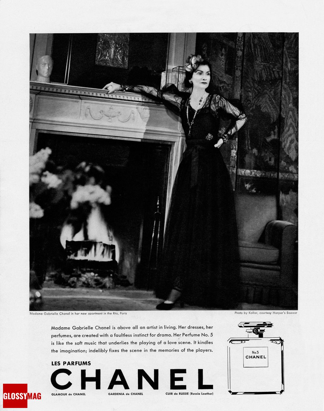 Габриэль Шанель рекламной кампании Chanel N°5, первоначально опубликованной в Harper's Bazaar, 1937 г.