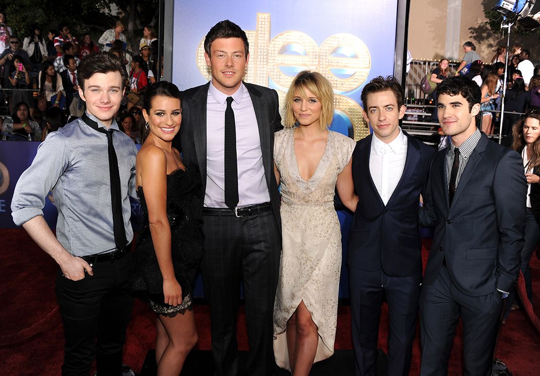 Крис Колфер, Леа Мишель, Кори Монтейт, Кевин Макхейл и Даррен Крисс на премьере фильма «Glee The 3D Concert Movie».