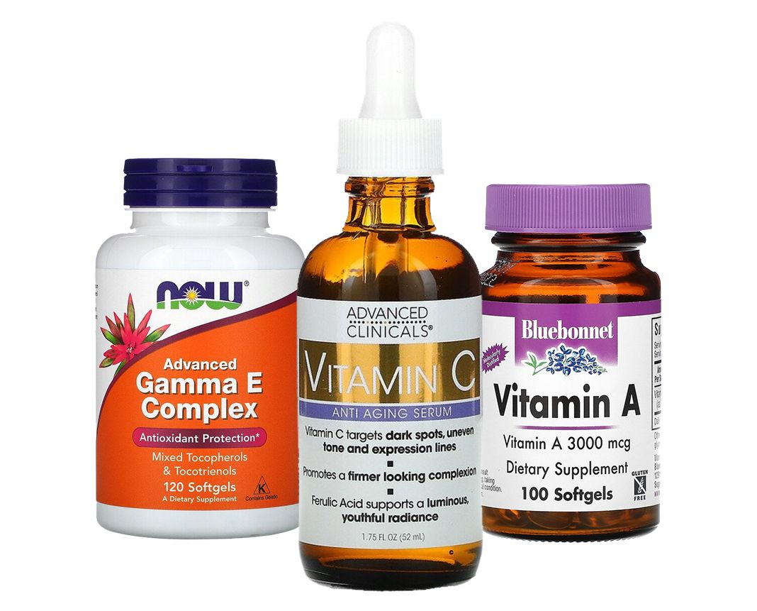 Now Foods витамин Е; Advanced Clinicals витамин C; Bluebonnet Nutrition витамин A