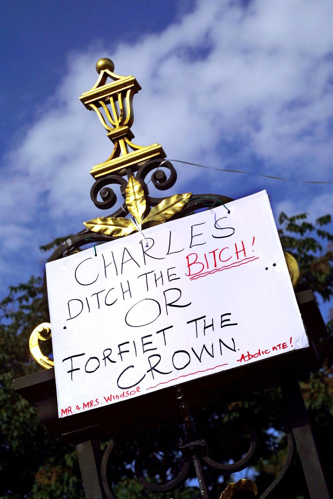 Табличка, призывающая принца Чарльза к прекращению отношений с Камиллой Паркер-Боулз