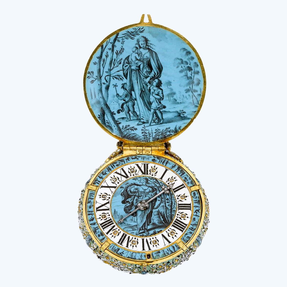 Часы «Умеренность, Милосердие и Надежда» (Temperance, Charity and Hope) с подвеской из золота, эмали и бриллиантов, Jehan Cremsdorff, Париж, около 1650 г.