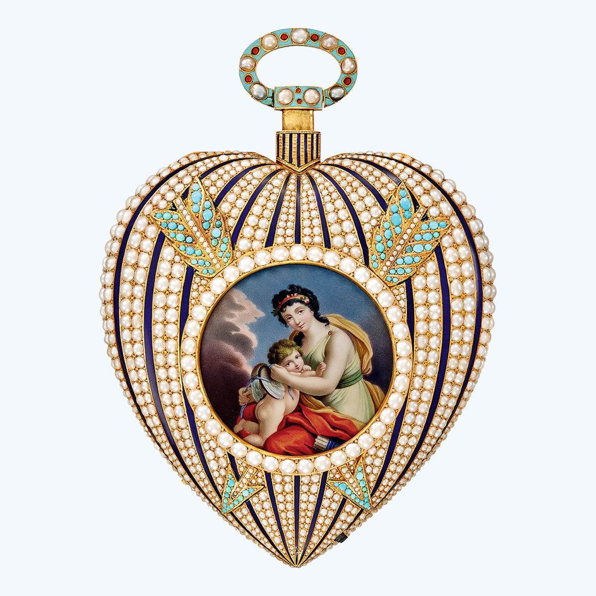 Карманные часы в форме сердца с репетиром «Венера связывает крылья Амура». Роспись по эмали приписывают Жан-Абрахаму Лиссиньолю (1749-1819), Женева, около 1820 г. Золото, эмаль, жемчуг, бирюза
