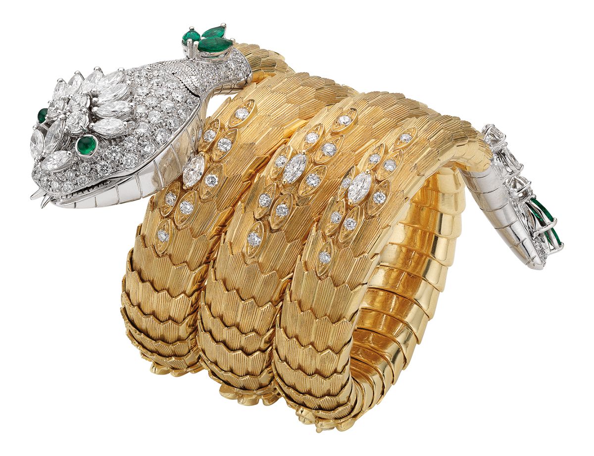 Часы-браслет Serpenti из двухцветного золота с изумрудами и бриллиантами