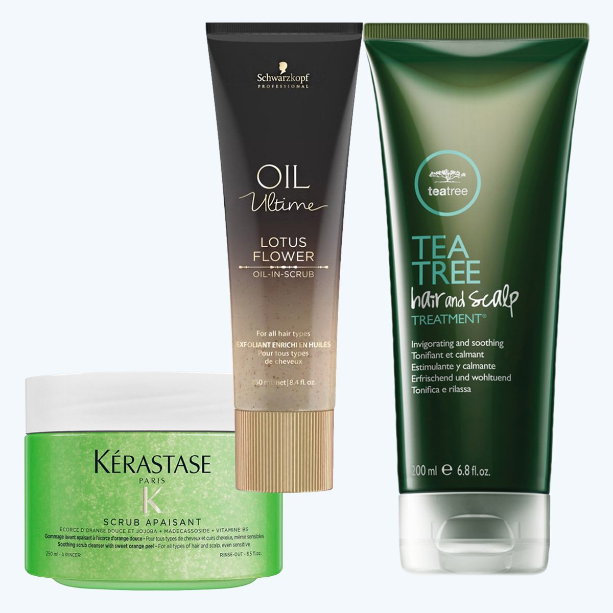 Kérastase Fusio-Scrub Apaisant; Schwarzkopf Professional Oil Ultime Oil-In-Scrub; Paul Mitchell Tea Tree Hair & Scalp Treatment