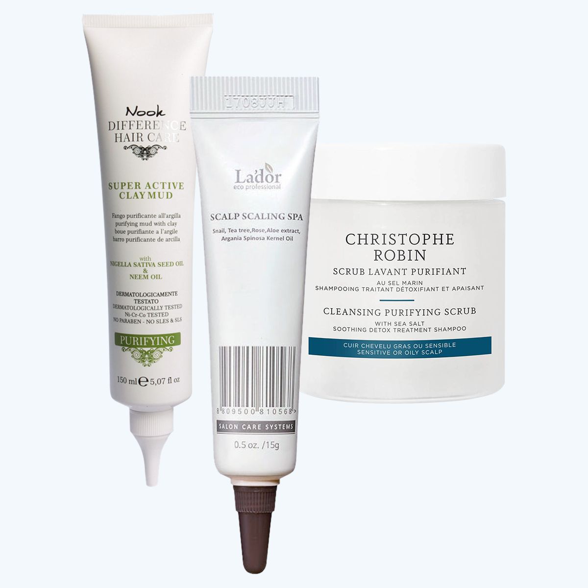 Nook Difference Hair Care Purifying Clay Mud; La'dor Scalp Scaling Spa; Christophe Robin Cleansing Purifying Scrub
