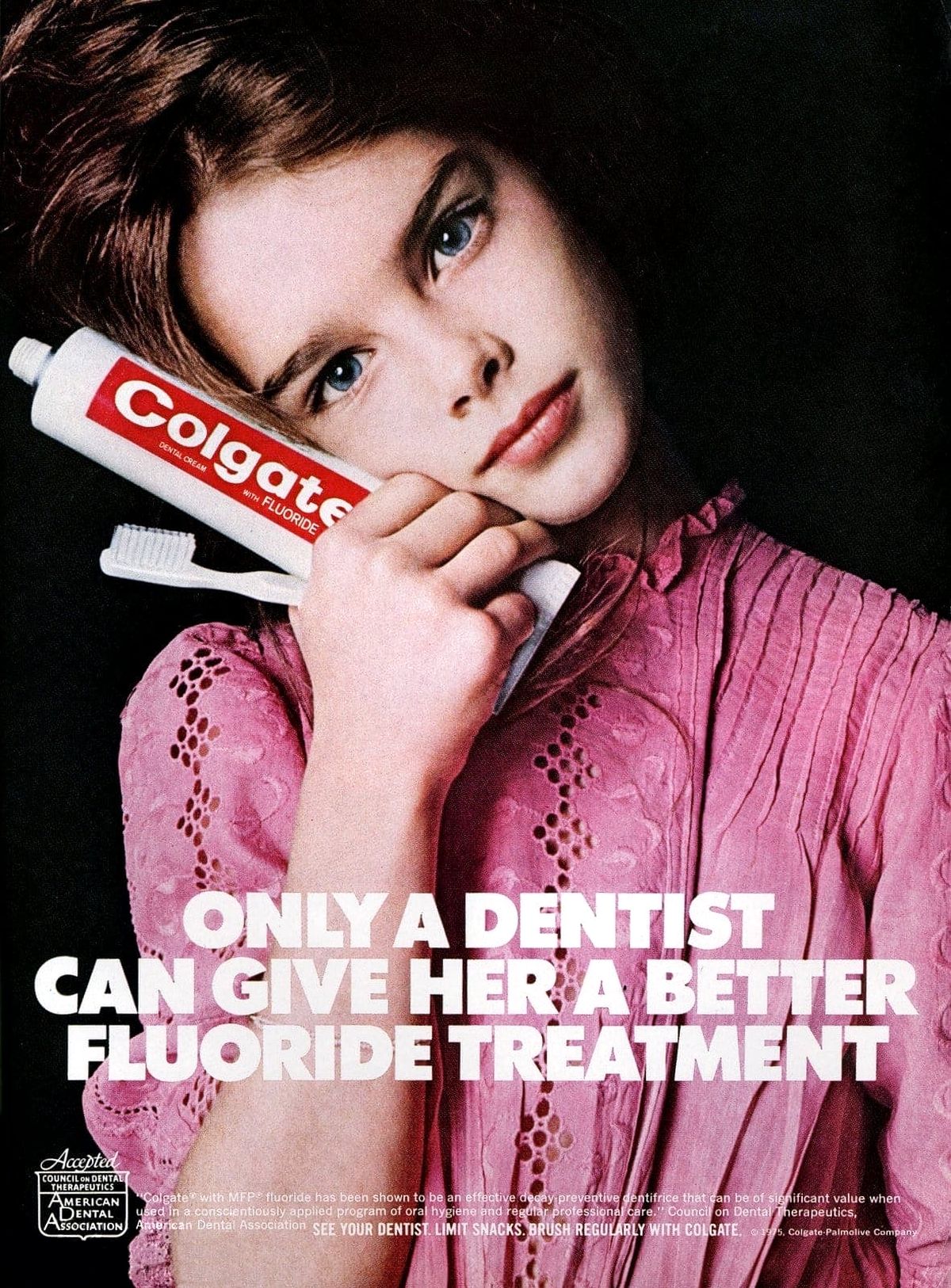 Брук Шилдс в рекламной кампании зубной пасты, 1975 г.