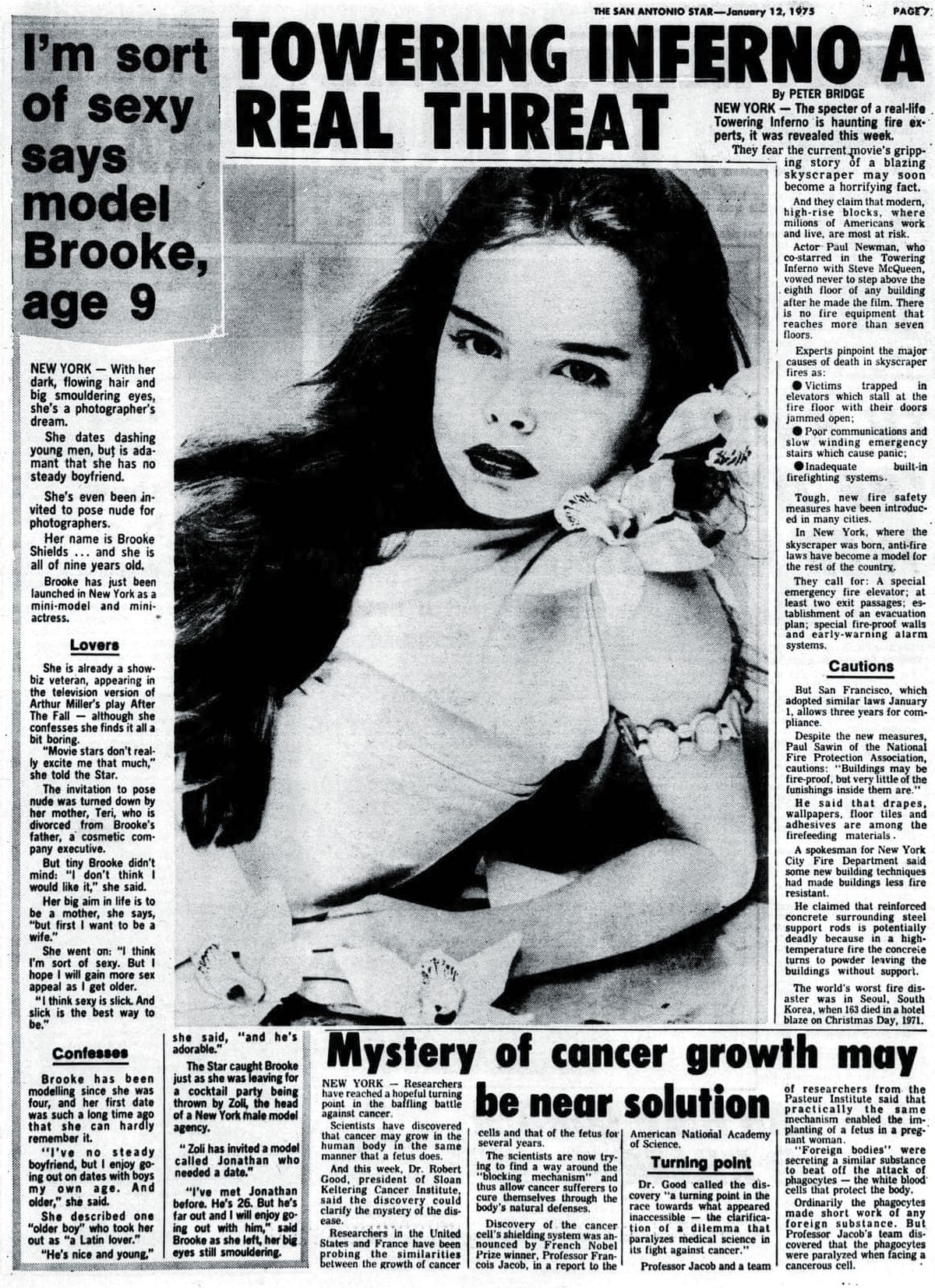 Статья в газете: «„Я в некотором роде сексуальна“ — говорит 9-летняя модель Брук Шилдс», 1975 г.