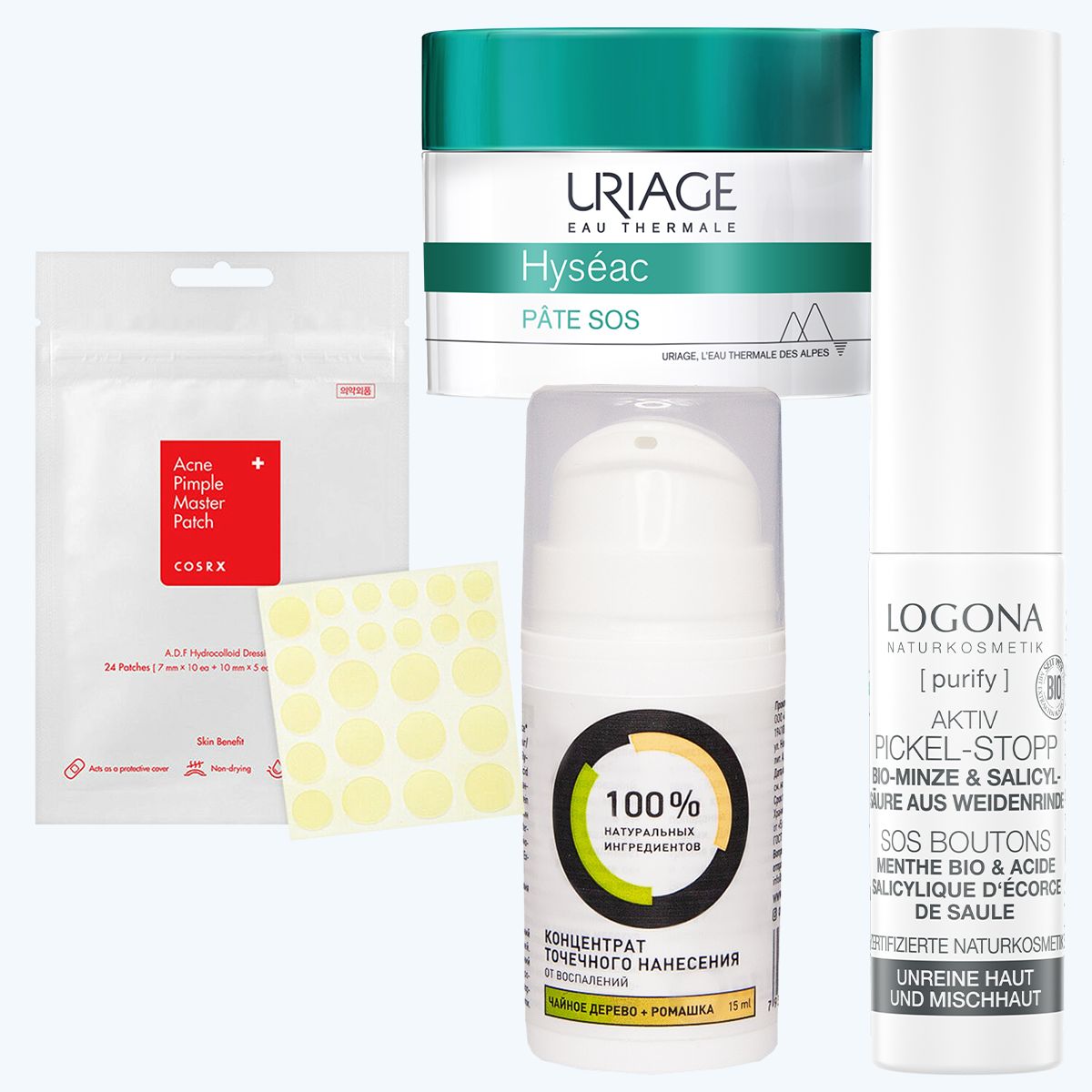 COSRX Acne Pimple Master, Uriage Hyseac; Onme концентрат, Logona средство против высыпаний на лице