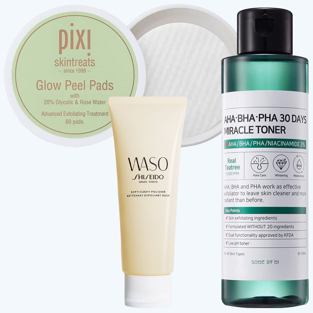 Pixi Glow Peel Pads, Shiseido Waso Soft and Cushy Polisher, Some By Mi AHA-BHA-PHA 30 Days Miracle Toner