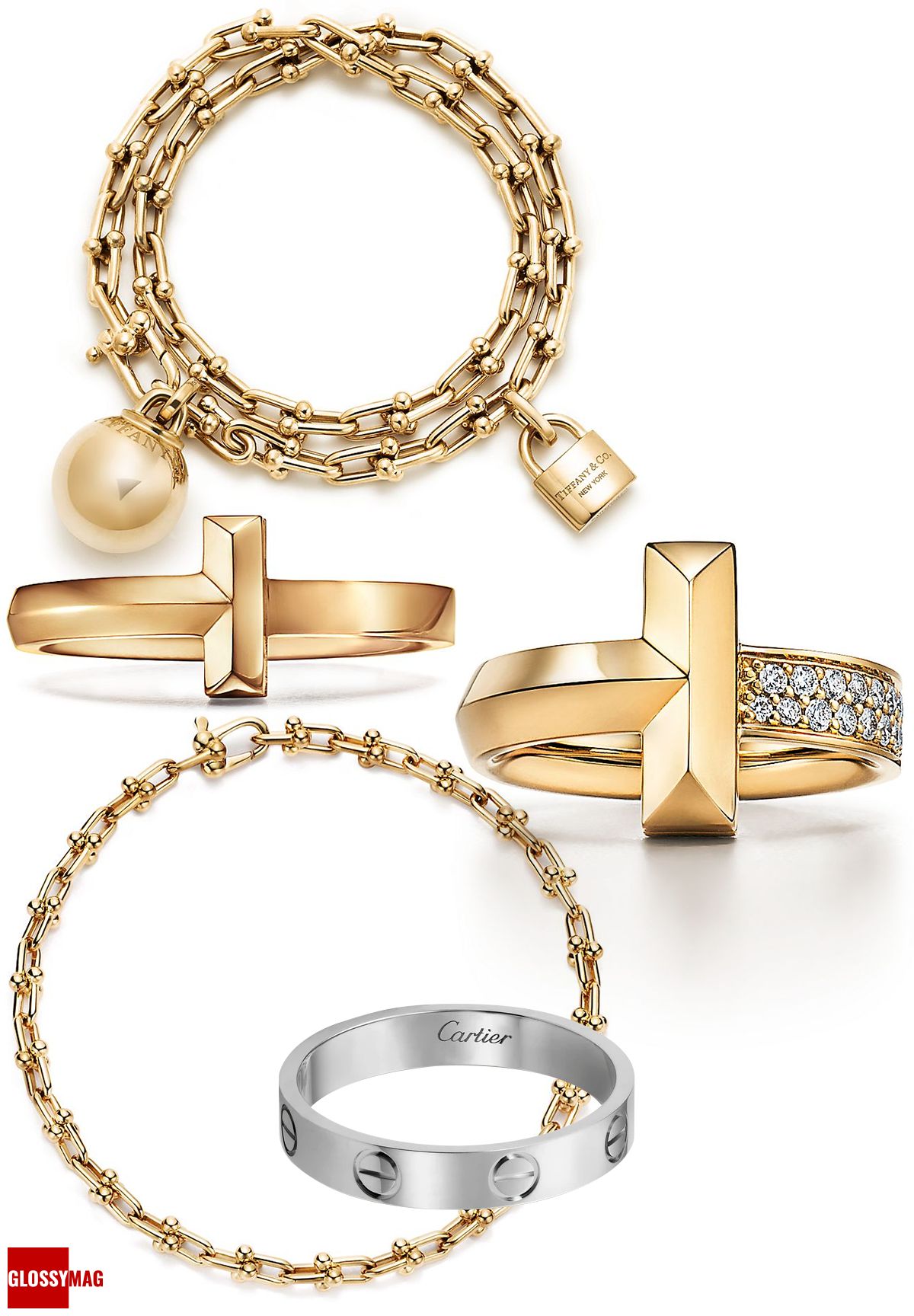 Браслет Tiffany Hardwear из 18-каратного желтого золота; кольцо Tiffany T T1 из 18-каратного золота с бриллиантами; кольцо Tiffany T T1 из 18-каратного золота; кольцо «Love» Cartier