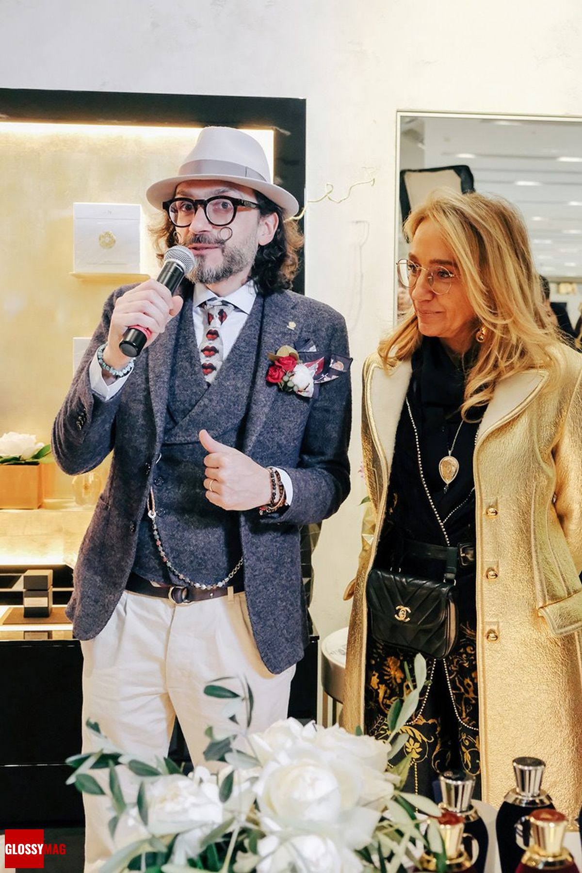Паоло и Тициана Теренци на открытии корнера итальянского парфюмерного бренда Tiziana Terenzi в универмаге «Цветной», 28 февраля 2018 г., фото 1