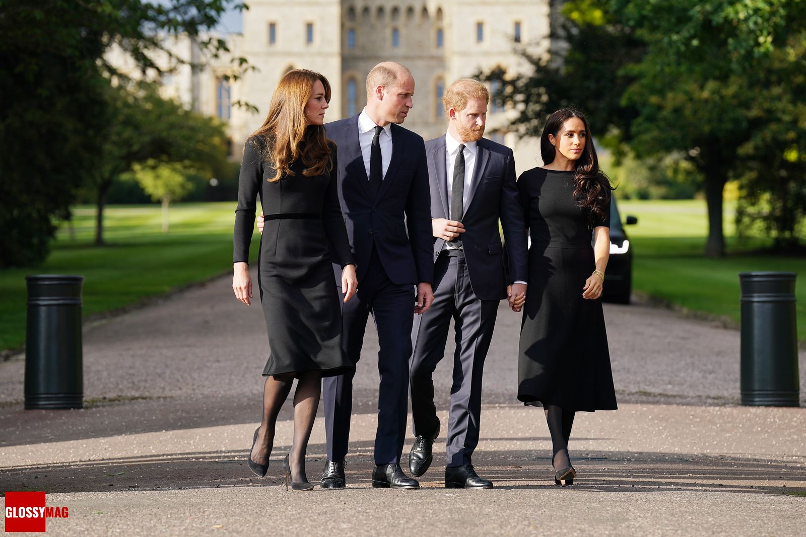 Кэтрин, принц Уильям, принц Гарри, и Меган Маркл на прогулке в Виндзорском замке, 10 сентября 2022 г.