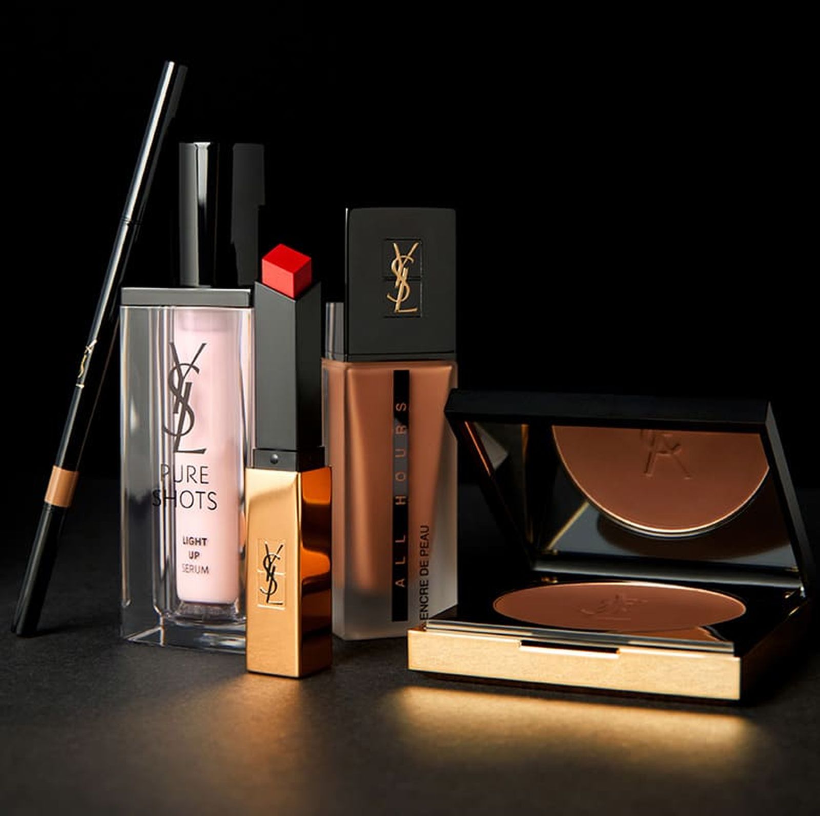 Yves Saint Laurent Beauté Couture Brow Slim, Pure Shots Light Up, Rouge Pur Couture The Slim, All Hours Foundation, All Hours Setting powder